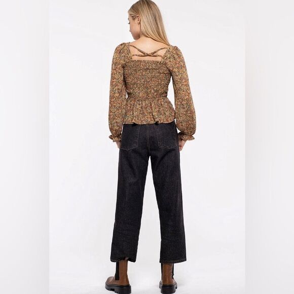 Papaya Floral Top Cross Back Ruffle Square Neck Smocked Medium - Picture 6 of 10